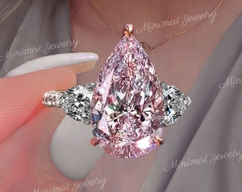 6.36 CT luxury pink moissanite pear shaped engagement ring,large Three stone pink pear ring,unique celebrity style,big cocktail wedding ring