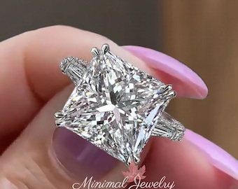 princess cut moissanite engagement ring 6.1 TCW Large Three stone princess cut engagement ring hidden halo square cut diamond wedding ring