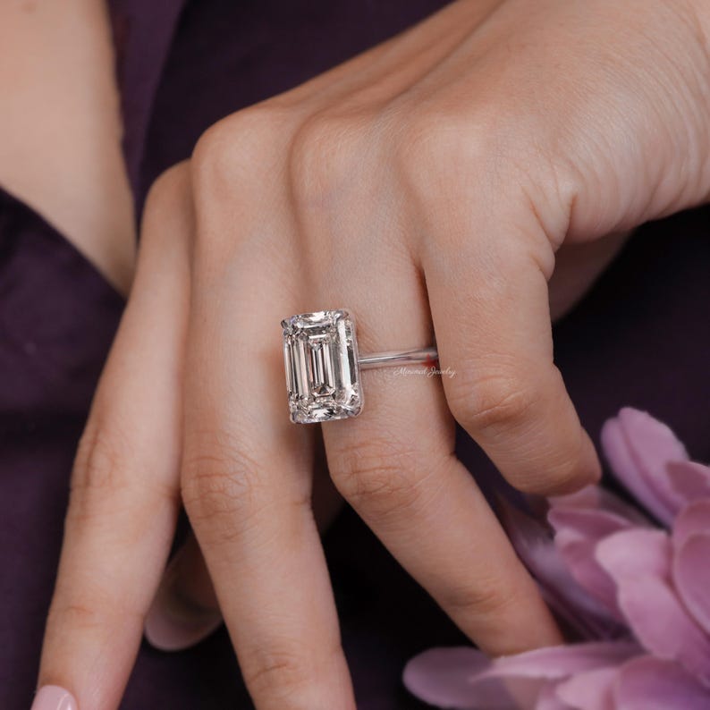 8 CT Emerald Cut Moissanite Engagement Ring,Solitaire Knife Edge wedding ring for women image 5