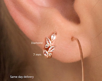 Diamond huggie earrings,huggie hoop earrings,14k solid gold earrings,small,cartilage hoop,leaf•marquise diamond hoops•cartilage earring