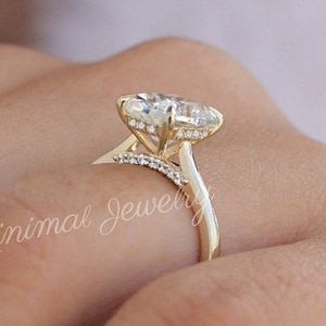 2.5 CT cushion cut moissanite engagement ring,hidden halo elongated cushion,solitaire Cathedral ring,unique pave bridge,dome,wedding ring