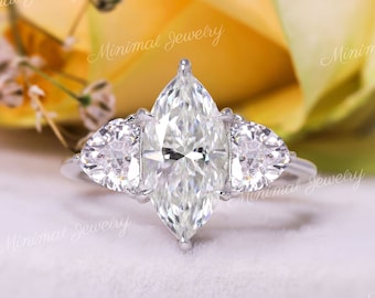 2 CT Marquise cut moissanite,three stone engagement ring,trillion cut&marquise,unique moissanite cluster ring,14k white gold wedding ring