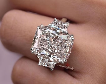 15ct Radiant Cut Moissanite Engagement Ring Large Three Stone Ring 14k white gold Anniversary ring for women celebrity style ring