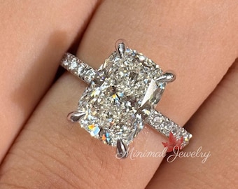 Lab Grown Diamond Elongated Cushion cut Engagement Ring,3ct solitaire IGI certified Lab diamond Hidden Halo proposal ring