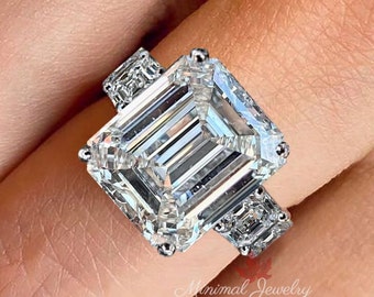Emerald cut moissanite engagement ring 7.5 CT large Moissanite emerald cut solitaire wide band wedding ring unique big diamond cocktail ring