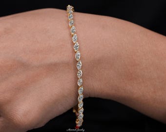 Pulsera de tenis de moissanita chapada en oro de 14k, talla marquesa, joyería para bodas