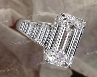 12 TCW emerald cut moissanite engagement ring,14k white gold unique luxury celebrity style large emerald cut engagement ring,wedding ring