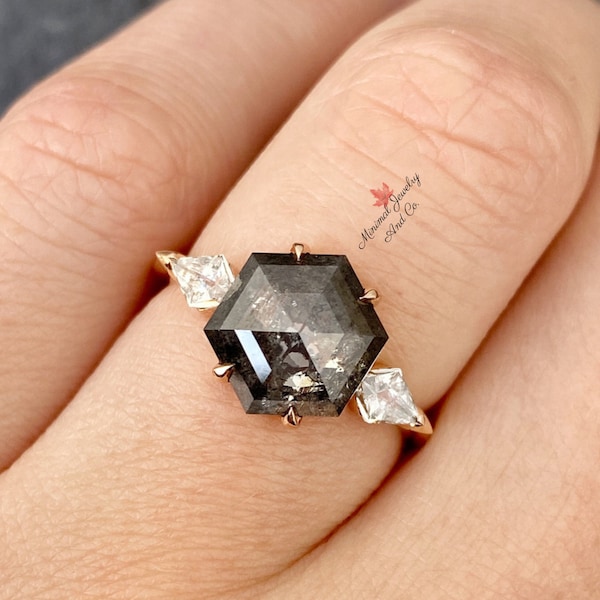 2.9CT hexagon salt and pepper diamond ring,2 kite shaped three stone engagement ring,unique claw prong wedding ring,anniversary,promise ring