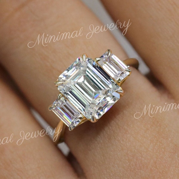 3.48 TCW Three Stone Emerald Cut Moissanite Engagement Ring,trellis set,three stone moissanite ring,3 Stone Emerald Cut Ring,wedding ring