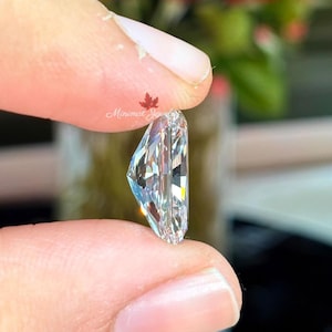 May include: A clear, rectangular-cut gemstone held between fingers. The gem has multiple facets that reflect light, creating a sparkling effect. The image is close-up, highlighting the clarity and cut of the stone. The text "Minimal Jewels" is visible.