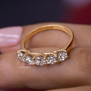 1.35 TCW Round Cut Moissanite Wedding Band,five stone ring,half eternity wedding band,comfort fit,rose Gold wedding band,anniversary gift