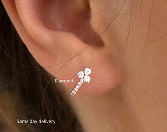 diamond huggie earrings,14k gold,half open huggie hoop earrings,diamond huggies,tiny huggie earrings,ear hugger earrings•Cartilage Earring