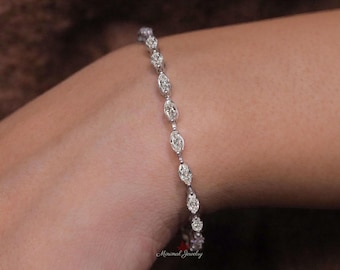 Pulsera de tenis con moissanita talla marquesa, chapada en oro macizo de 14k, joyería para bodas.