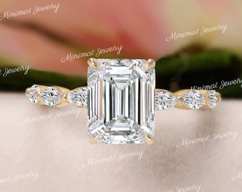 2.5 CT Emerald moissanite engagement ring,hidden halo,vintage style engagement ring,unique emerald cut solitaire ring,wedding ring,women,14k