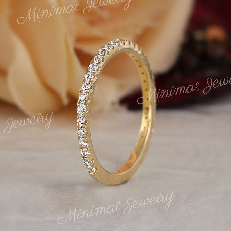 micro pave wedding band,3/4 Eternity Ring,solid 14k Gold,1.5 mm Thin wedding band,moissanite wedding band,simple,dainty stacking ring,women image 1