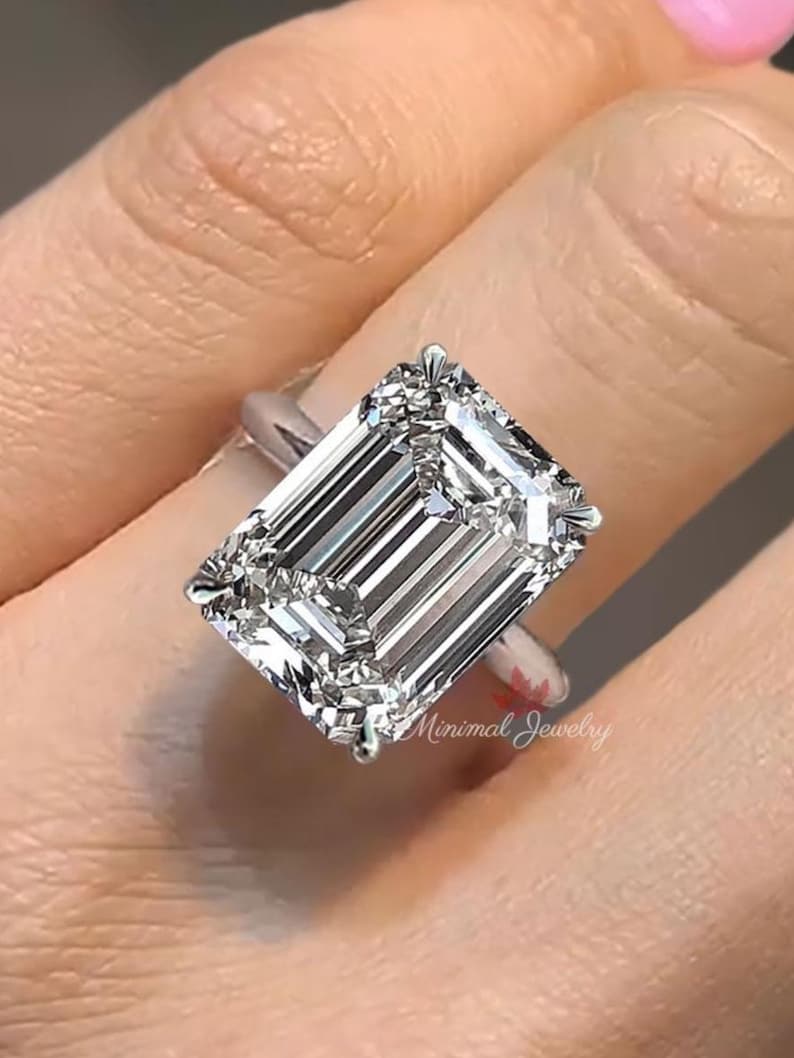8 CT Emerald Cut Moissanite Engagement Ring,Solitaire Knife Edge wedding ring for women image 1