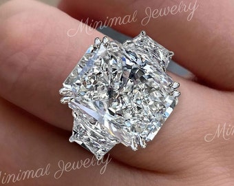 14 CT Large radiant cut moissanite engagement ring,three stone celebrity style,trapezoid&big Radiant Moissanite,luxury bling wedding ring