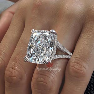 19.5 CT big large cushion cut moissanite engagement ring,celebrity style,split shank,elongated cushion solitaire wedding ring,hidden halo