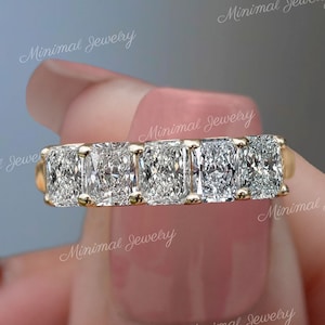 Radiant cut five stone ring,5 Moissanite wedding band,unique half eternity wedding band,thick stacking rings,women,anniversary gift 5 years
