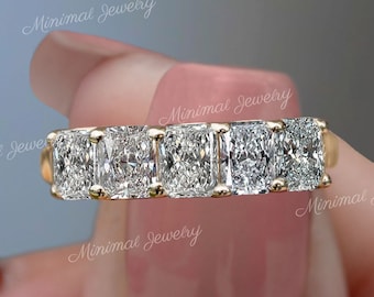 Radiant Cut Moissanite Wedding Band,half eternity band,14K yellow Gold five stone Anniversary Ring