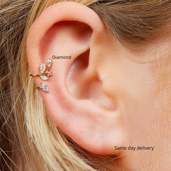 leaf ear cuff,ear cuff no piercing,fake piercing,10k/14k solid gold ear cuff,fake helix piercing,ear cuff earrings•cartilage cuff•helix cuff