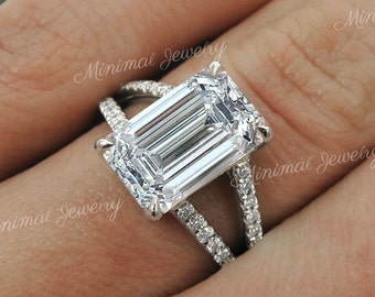 5 CT emerald cut moissanite engagement ring,unique split shank solitaire ring,white gold emerald moissanite wedding ring,anniversary ring
