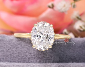2.5 CT Oval Moissanite Engagement Ring: Hidden Halo, 14k Yellow Gold