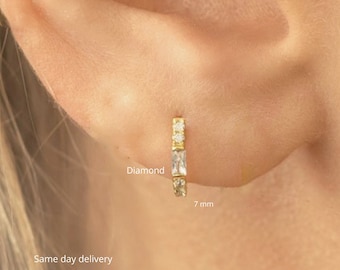 Diamond huggie earrings,14k gold cartilage hoop,huggie hoop earrings,cartilage earring,diamond huggies,diamond hoops•mini•tiny hoop earrings