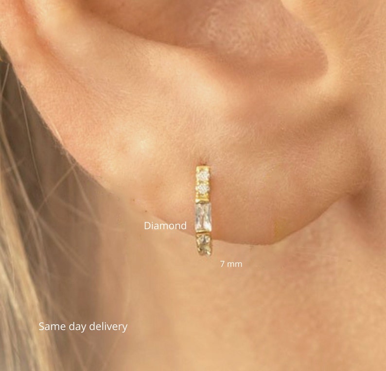 Diamond huggie earrings,14k gold cartilage hoop,huggie hoop earrings,cartilage earring,diamond huggies,diamond hoopsminitiny hoop earrings image 1