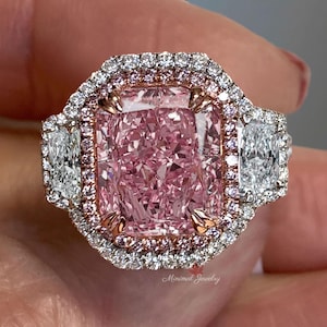 4.2CT Radiant morganite engagement ring Three stone halo rose gold Morganite ring,celebrity style moissanite&big pink morganite wedding ring