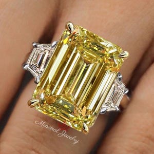 11.5 CT canary yellow Emerald cut moissanite engagement ring Large Three stone yellow sapphire ring fancy yellow diamond ring wedding ring