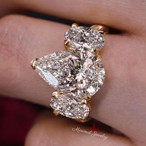 Pear Lab Grown Diamond Engagement Ring Three stone Wedding ring certified 4CT pear shaped CVD lab created diamond annivesary ring 14k gold