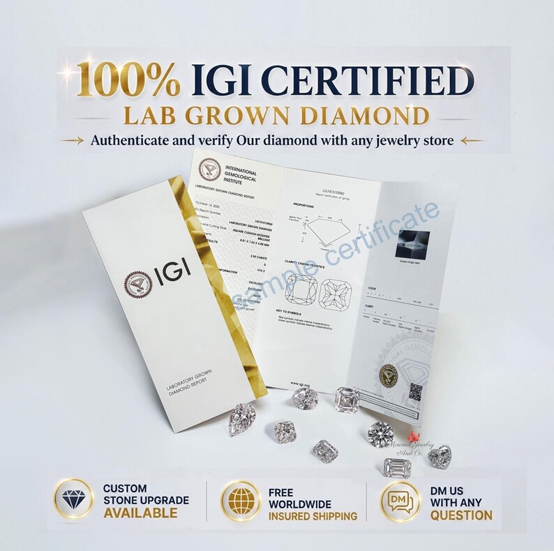 May include: An IGI certified lab grown diamond report document with a gold foil accent, accompanied by several loose, faceted, clear, colorless, brilliant-cut diamonds of various shapes scattered on a plain white surface with informational text.