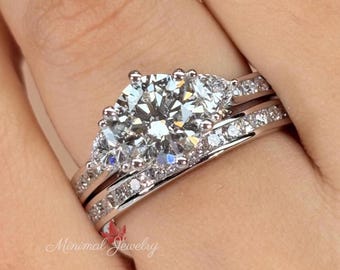 Three Stone Lab grown diamond Engagement Ring Set, 2ct Round Diamond Bridal Set, Wedding Ring Set, 14k white gold channel set proposal ring