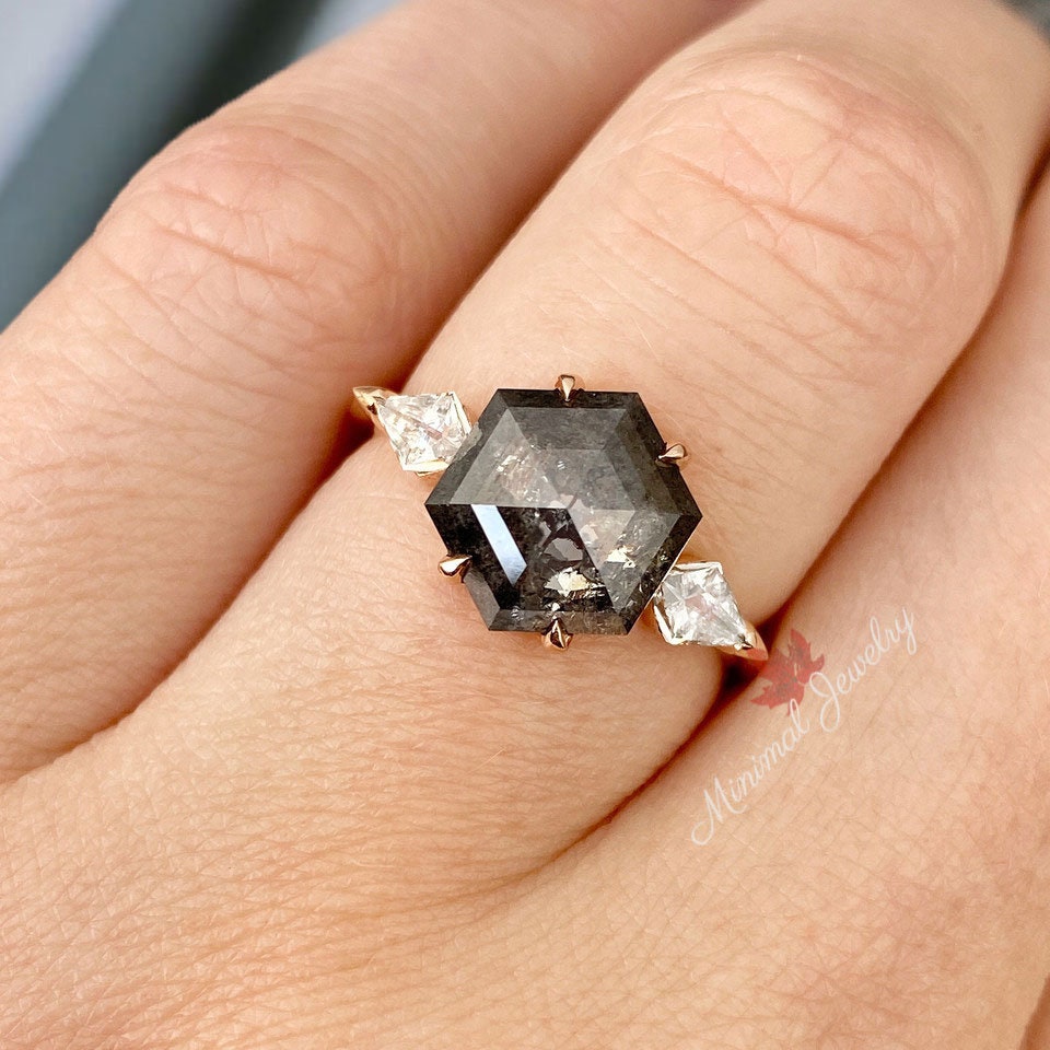 Salt and pepper hexagon diamond ring hot sale
