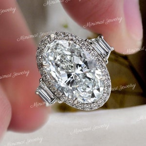 8.6 TCW Three stone oval engagement ring celebrity style,baguette&halo large oval moissanite engagement ring big diamond ring wedding ring
