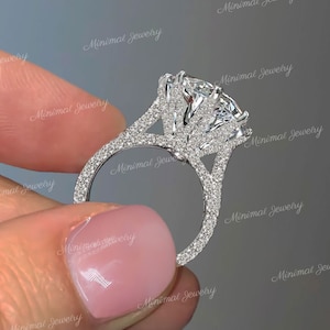 7 CT Round moissanite engagement ring,Three row pave Cathedral ring Tulip Set large solitaire celebrity style diamond cocktail wedding ring