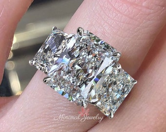 Three stone Radiant cut engagement ring 9 CT Large Radiant moissanite engagement ring hidden halo trilogy ring celebrity style wedding ring