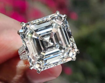 9 CT large Asscher cut moissanite ring,split band double claw prong,hidden halo,asscher cut engagement ring,square diamond cocktail ring