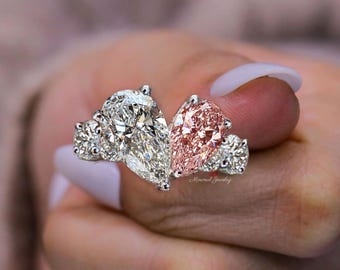 5.5CT Two stone ring pear shaped engagement ring Toi et moi hidden halo pear moissanite&pink pear morganite ring double diamond wedding ring