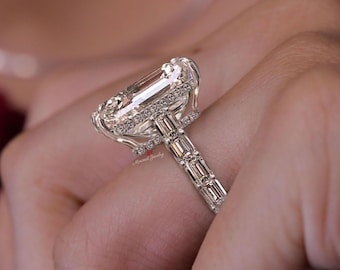 Anel de Noivado com Moissanita Corte Esmeralda: Anel solitário grande em ouro maciço 14k com 10 quilates, ideal para casamento, aniversário ou como anel de celebridade.
