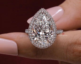 pear lab grown diamond halo ring 6CT pear shaped engagement ring IGI certified diamond wedding ring large diamond anniversary Ring for women