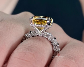 Anillo de diamantes amarillo canario de 10 quilates con talla radiante, anillo de compromiso con diamantes amarillos fantasía, anillo llamativo, regalo de aniversario para ella.