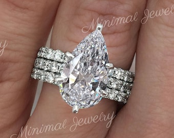 6 CT pear shaped engagement ring,big large Pear moissanite engagement ring set,unique three row pave,celebrity style luxury wedding ring set