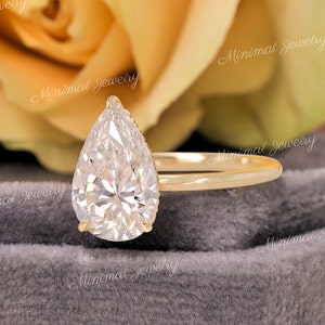 3 CT Pear moissanite engagement ring,hidden halo,14k yellow gold,pear shaped ring,solitaire moissanite ring,wedding ring for women