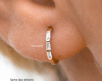 14k Gold Baguette Diamond Huggie Hoop Earrings,14k solid gold huggie earrings,tiny hoop earrings,mini hoop earrings