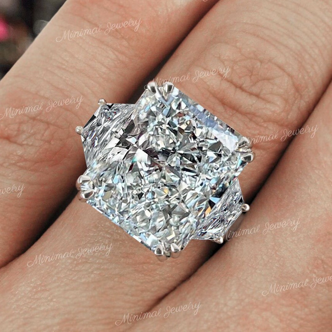 5 Ct Emerald Cut And Moonstone Moissanite Engagement Ring, Three Stone Wedding Ring, Anniversary Ring, Trilogy Promise Proposal Ring