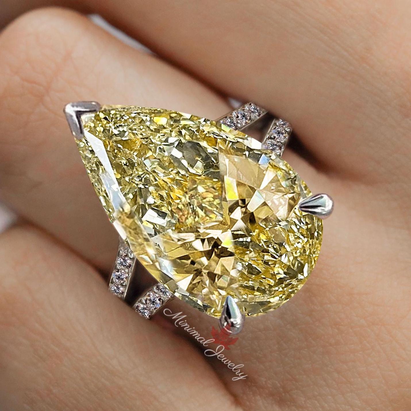 21 CT Canary Yellow Pear Shaped Engagement Ring Large Moissanite