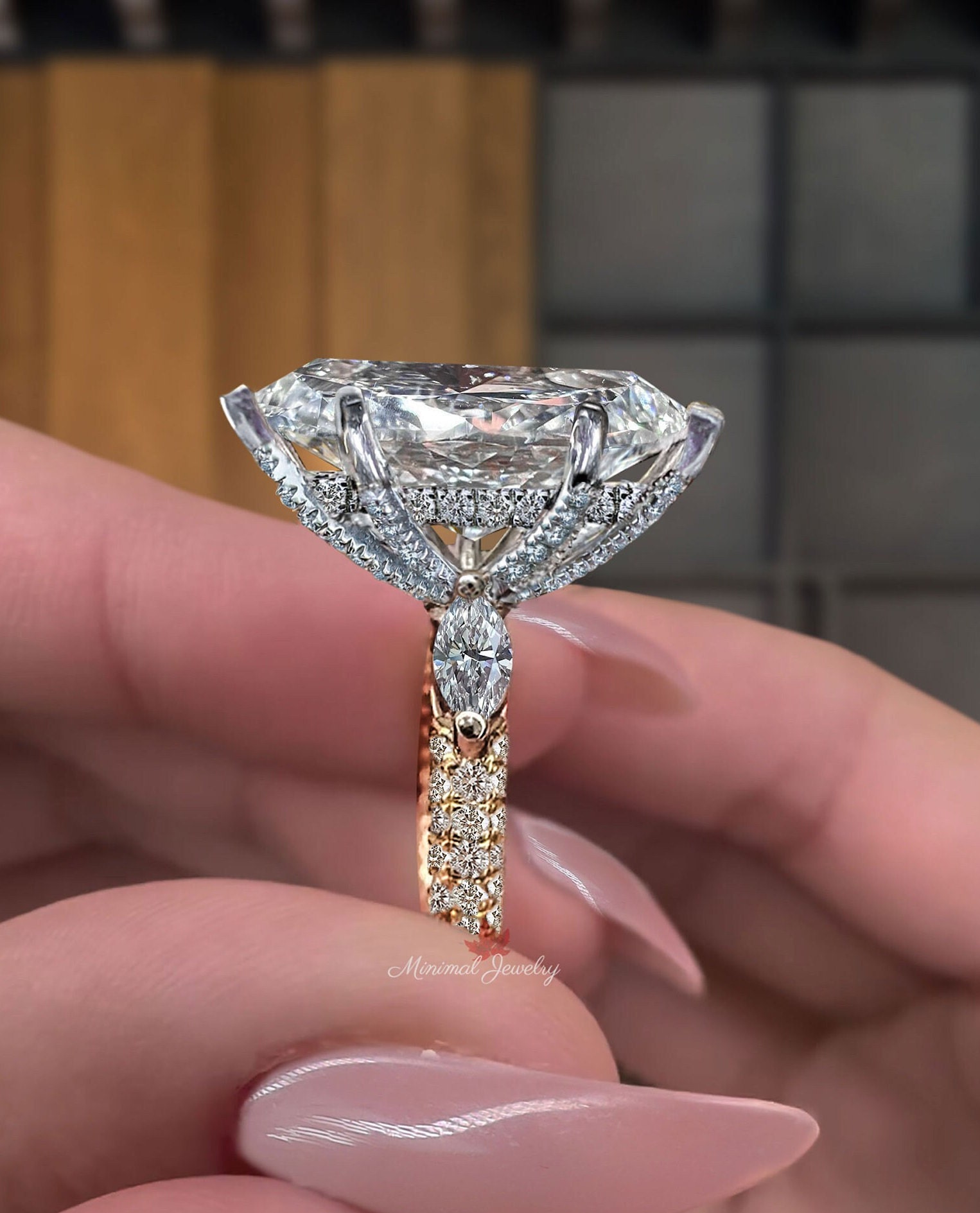 5.5CT Marquise Moissanite engagement ring hidden halo large solitaire marquise cut ring crushed ice moissanite diamond cocktail wedding ring