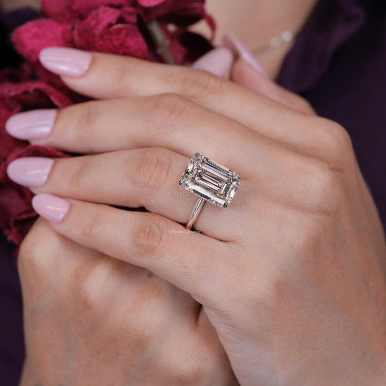 8 CT Emerald Cut Moissanite Engagement Ring,Solitaire Knife Edge wedding ring for women image 2